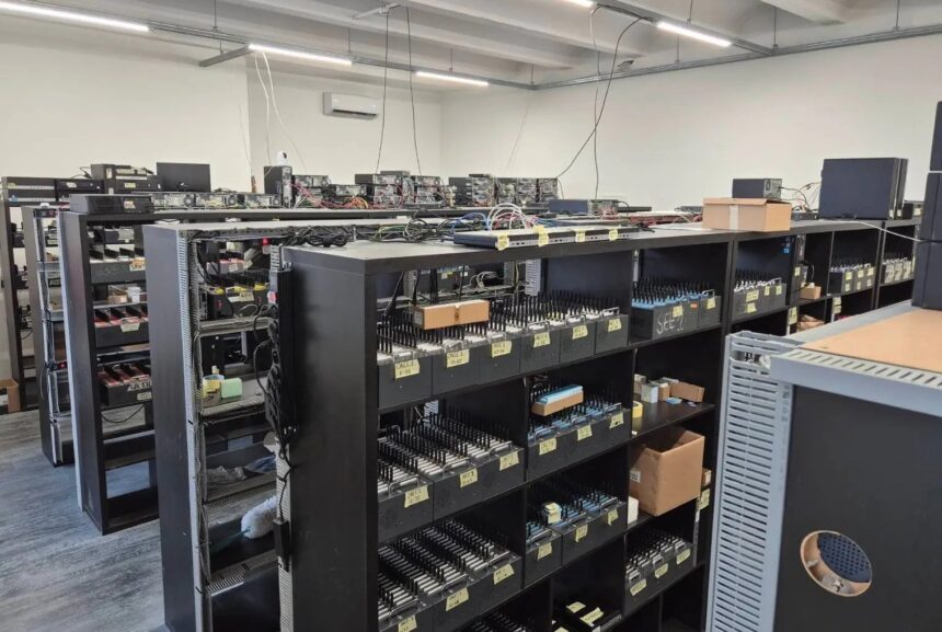 Photo de la ferme de SIM découverte en Lettonie lors de l’opération SIMcartel, illustrant les risques croissants de cyberfraude à l’échelle internationale.